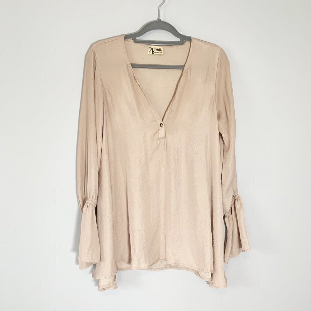 Show Me Your Mumu Womens‎ Beige Textured V-Neck Bell Sleeve Tunic Top Size M